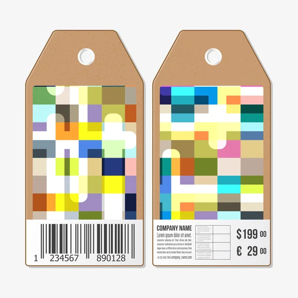 Tags design em ambos os lados, etiquetas de venda de papelão com código de barras. Fundo de negócios colorido abstrato, textura vetorial elegante moderna — Vetor de Stock