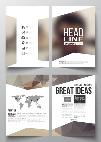 Set of business templates for brochure, magazine, flyer, booklet or annual report. Polygonal background, blurred image, vacation, travel, tourism. Modern triangular vector texture