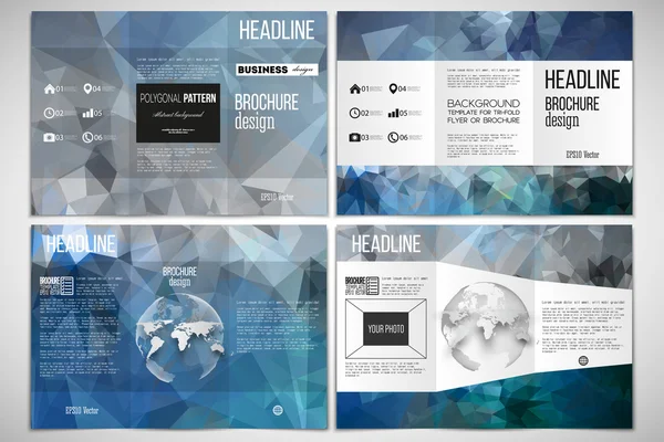 Set van Tri-Fold brochure ontwerpsjabloon aan beide zijden met World Globe element. Abstracte blauwe veelhoekige achtergrond, kleurrijke achtergrond, moderne stijlvolle vector textuur. — Stockvector