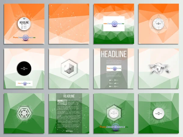 Zestaw 12 kart kreatywnych, kwadratowy szablon broszury projektu. Tło dla Happy Indian Święto Niepodległości z koła Ashoka i flagi narodowe kolory, wektor ilustracji — Wektor stockowy