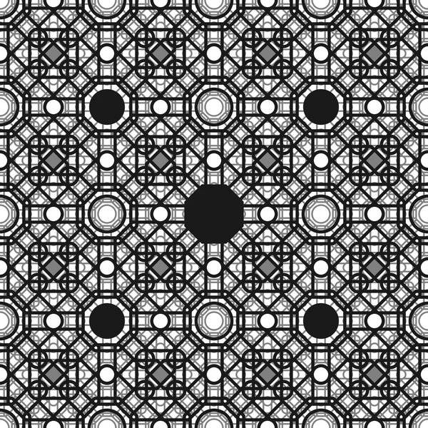 Sömlösa mönster med överlappande geometriska former bildar abstrakt prydnad. Vektor snygg svart textur — Stock vektor
