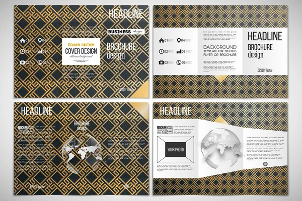 Set di triplo modello di brochure design su entrambi i lati con elemento globo mondo. Modello islamico in oro, sovrapposte forme geometriche quadrate che formano ornamento astratto. Vettore elegante texture dorata . — Vettoriale Stock