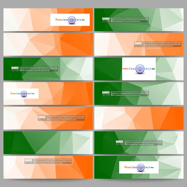 Uppsättning av moderna banners. Bakgrund för Happy Indian självständighetsdagen firande med Ashoka hjulet och nationella flaggan färger, vektor illustration — Stock vektor