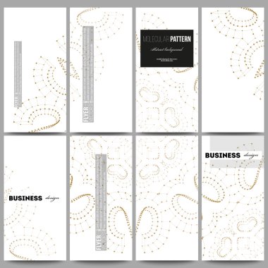 Modern el ilanları seti. Noktaları ve çizgileri birbirine bağlayan soyut poligonal alçak poli fon, beyaz arka plan üzerinde altın bağlantı yapısı. Dijital veya bilim vektörü