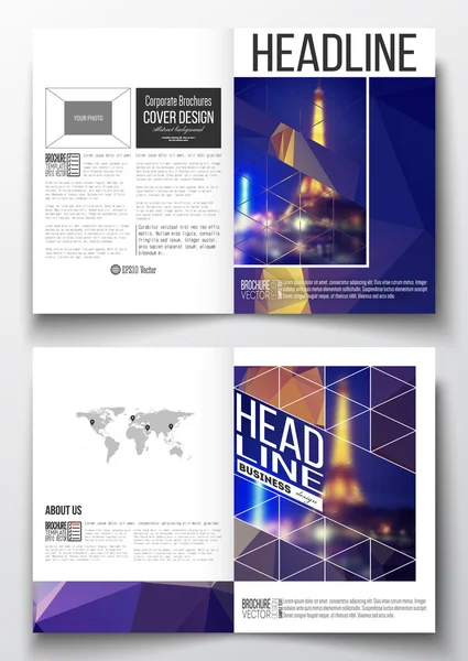 Set of business templates for brochure, magazine, flyer, booklet or annual report. Dark polygonal background, blurred image, night city landscape, Paris cityscape, modern triangular vector texture