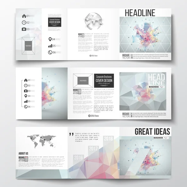 Vectorset van Tri-Fold brochures, vierkante ontwerpsjablonen. Moleculaire constructie met verbonden lijnen en stippen, wetenschappelijk patroon op abstracte kleurrijke veelhoekige achtergrond — Stockvector