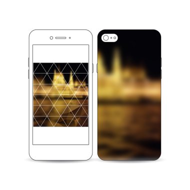 Ekran ve kapak tasarımı bir örnek ile Mobil akıllı telefon beyaz izole. Renkli poligonal arka plan, bulanık görüntü, gece şehir manzara, üçgen vektör doku