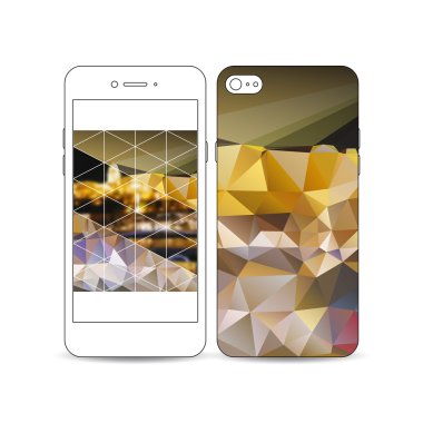 Hareket eden smartphone bir örnek üzerinde beyaz izole ekran ve kapak tasarımı ile. Renkli poligonal arka plan, bulanık görüntü, gece şehir manzarası, modern şık üçgen vektör doku