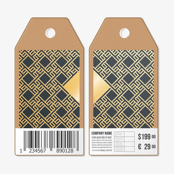 Tags design em ambos os lados, etiquetas de venda de papelão com código de barras. Padrão de ouro islâmico, sobrepondo formas quadradas geométricas formando ornamento abstrato. Vetor elegante textura dourada . — Vetor de Stock