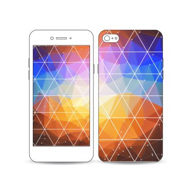 Hareket eden smartphone bir örnek üzerinde beyaz izole ekran ve kapak tasarımı ile. Renkli poligonal arka plan, modern şık üçgen vektör doku