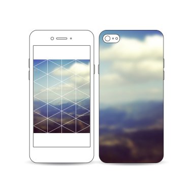 Ekran ve kapak tasarımı bir örnek ile Mobil akıllı telefon beyaz izole. Soyut renkli poligonal fon, bulanık arka plan, dağ manzara, modern şık üçgen vektör doku