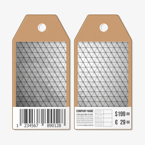 Tags em ambos os lados, etiquetas de venda de papelão com código de barras. Design poligonal, fundos triangulares geométricos — Vetor de Stock