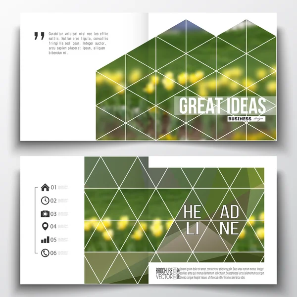 Set van jaarverslag business templates voor brochure, tijdschrift, flyer of boekje. Kleurrijke veelhoekige florale achtergrond, wazig beeld, gele bloemen op groene, moderne driehoekige textuur — Stockvector