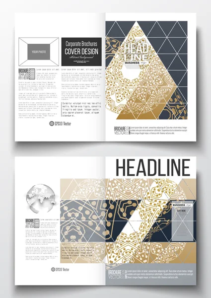 Set of business templates for brochure, magazine, flyer, booklet or annual report. Golden microchip pattern, connecting dots and lines, connection structure. Digital scientific background