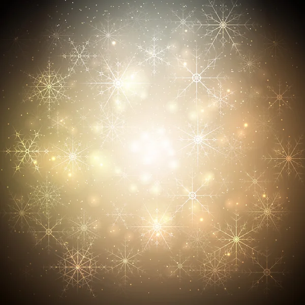 Fundo de Natal dourado com brilhantes flocos de neve e estrelas brilhantes. Vetor borrado para sua decoração — Vetor de Stock
