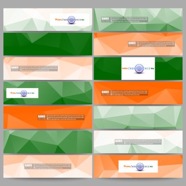 Modern afişler seti. Ashoka tekerlek ve ulusal bayrak renkleri, vektör illüstrasyon ile Happy Indian Independence Day kutlama için Arka Plan
