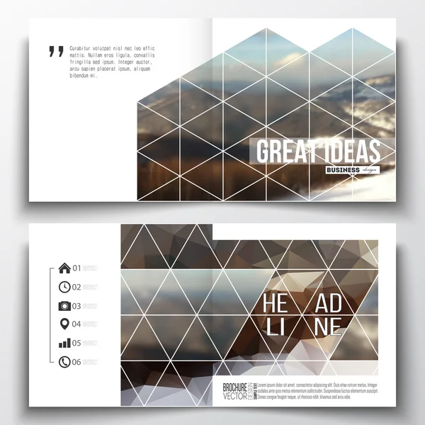 Set van vierkante ontwerp brochure sjabloon. Abstracte kleurrijke veelhoekige achtergrond, onscherpe achtergrond, berglandschap, moderne stijlvolle driehoek vector textuur — Stockvector
