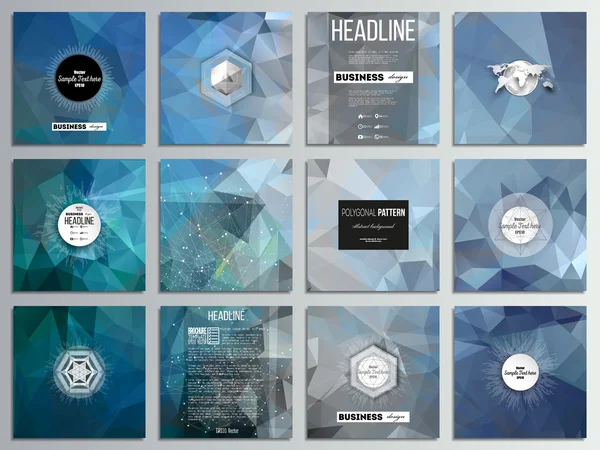 12 創造的なカード、正方形パンフレット テンプレート デザインのセットです。抽象的な青色のポリゴン背景、カラフルな背景、現代のスタイリッシュなベクトル テクスチャ — ストックベクタ