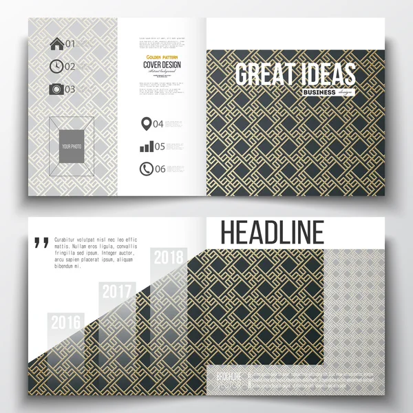 Set of annual report business templates for brochure, magazine, flyer or booklet. Islamic gold pattern with overlapping geometric shapes forming abstract ornament. Golden texture on black background. — Stock Vector