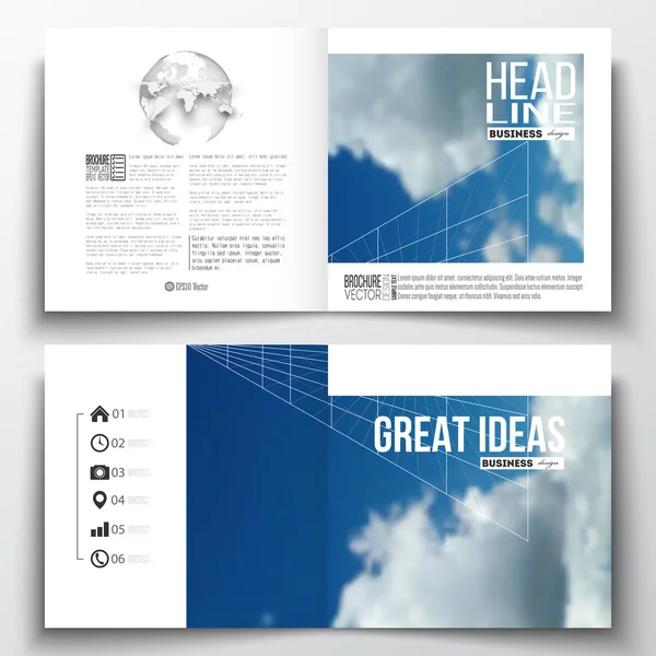Set of annual report business templates for brochure, magazine, flyer or booklet. Beautiful blue sky, abstract geometric background with white clouds, leaflet cover, layout, vector illustration. — Stockový vektor