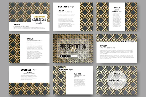 Set of 9 templates for presentation slides. Islamic gold pattern with overlapping geometric square shapes forming abstract ornament. Vector stylish golden texture on black background — Stock Vector