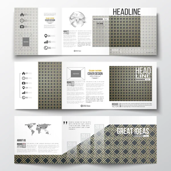 Gevouwen brochures, vierkante ontwerpsjablonen set. Islamitische gouden patroon met overlappende geometrische vormen die abstract ornament. Vector stijlvolle gouden textuur op zwarte achtergrond. — Stockvector