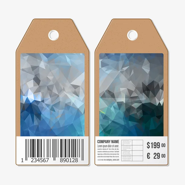 Tags design em ambos os lados, etiquetas de venda de papelão com código de barras. Fundo poligonal azul abstrato, fundo colorido, textura vetorial elegante moderna — Vetor de Stock