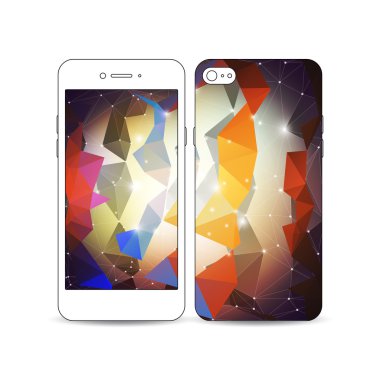 Ekran ve kapak tasarımı bir örnek ile Mobil akıllı telefon beyaz izole. Moleküler yapı, bilimsel desen, soyut renkli poligonal arka plan, modern üçgen vektör dokusu.