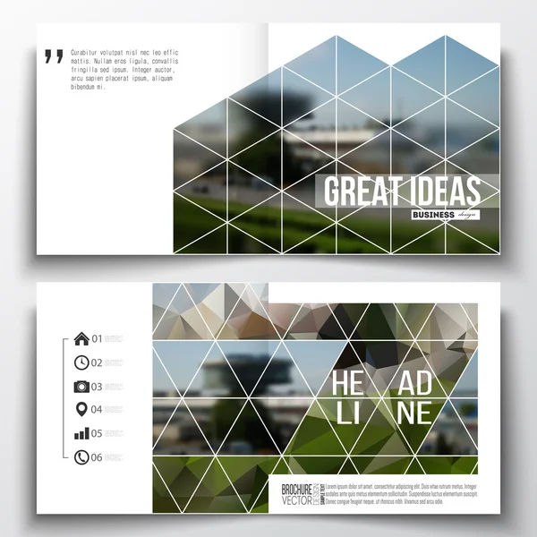 Set van vierkante ontwerp brochure sjabloon. Abstracte kleurrijke veelhoekige achtergrond, wazig beeld, luchthaven landschap, moderne stijlvolle driehoekige vector textuur — Stockvector