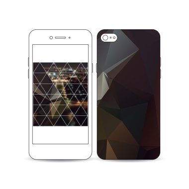 Hareket eden smartphone bir örnek üzerinde beyaz izole ekran ve kapak tasarımı ile. Karanlık poligonal arka plan, bulanık görüntü, gece şehir manzarası, Paris cityscape, modern üçgen vektör doku