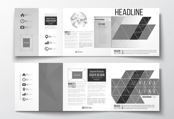 Conjunto de folletos triples, plantillas de diseño cuadrado. Fondo de microchip, circuitos eléctricos, construcción con líneas conectadas, patrón científico en gris, vector científico — Archivo Imágenes Vectoriales