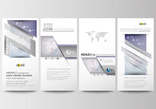 Flyers set, moderne banners. Zakelijke sjablonen. Cover ontwerpsjabloon, gemakkelijk bewerkbaar, abstracte platte lay-outs. De structuur van het molecuul op blauwe achtergrond. Wetenschap, gezondheidszorg, medische vector. — Stockvector