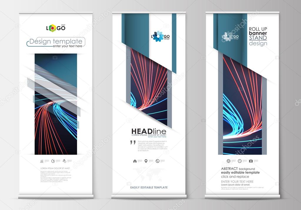 Set of roll up banner stands, flat templates, geometric style, modern business concept, corporate vertical flyers. Abstract lines background with color glowing neon streams, motion design vector.