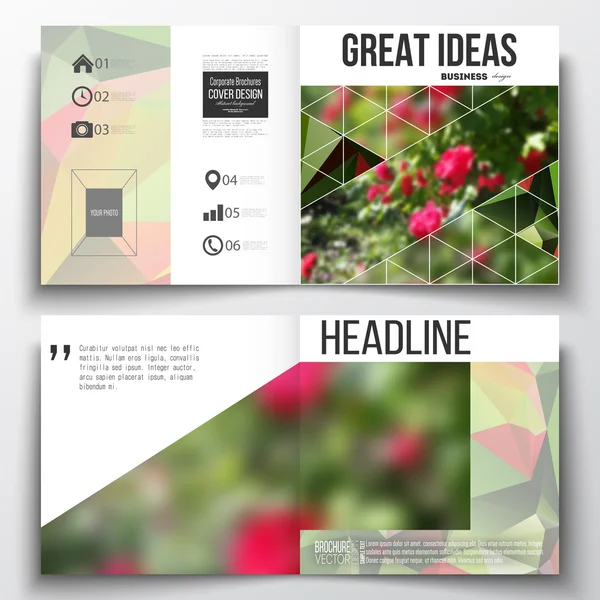 Conjunto de plantillas de negocio de informes anuales para folleto, revista, folleto o folleto. Fondo floral poligonal colorido, imagen borrosa, flores rojas en verde, textura triangular moderna — Vector de stock