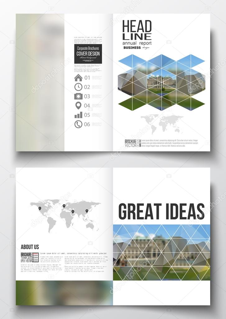 Set of business templates for brochure, magazine, flyer, booklet or annual report. Polygonal background, blurred image, park landscape, modern stylish vector texture