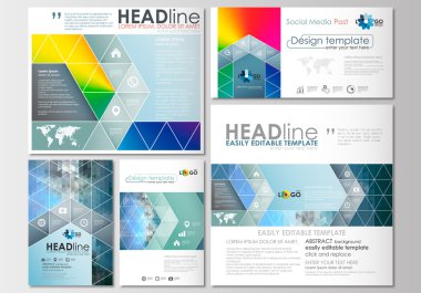Social media posts set. Business templates. Cover design template, easy editable, flat layouts in popular formats. Abstract triangles, blue triangular background, modern colorful polygonal vector. clipart