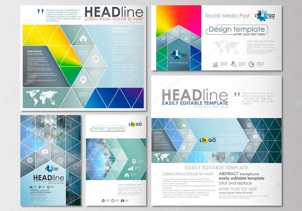 Social media posts set. Business templates. Cover design template, easy editable, flat layouts in popular formats. Abstract triangles, blue triangular background, modern colorful polygonal vector.