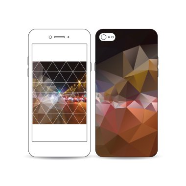 Ekran ve kapak tasarımı bir örnek ile Mobil akıllı telefon beyaz izole. Koyu poligonal arka plan, bulanık görüntü, gece şehir manzara, araba trafiği, modern üçgen doku