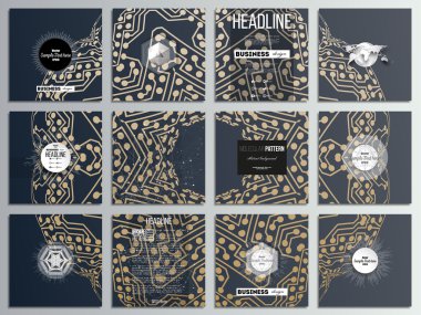 12 yaratıcı kart, kare broşür şablon tasarımı kümesi. Noktaları ve çizgileri birbirine bağlayan altın mikroçip deseni, bağlantı yapısı. Dijital bilimsel vektör arka planı