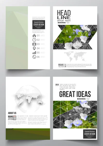 Ensemble de modèles d'affaires pour brochure, magazine, dépliant, livret ou rapport annuel. Fond floral polygonal, image floue, fleurs bleues en gros plan d'herbe verte, texture triangulaire moderne — Image vectorielle