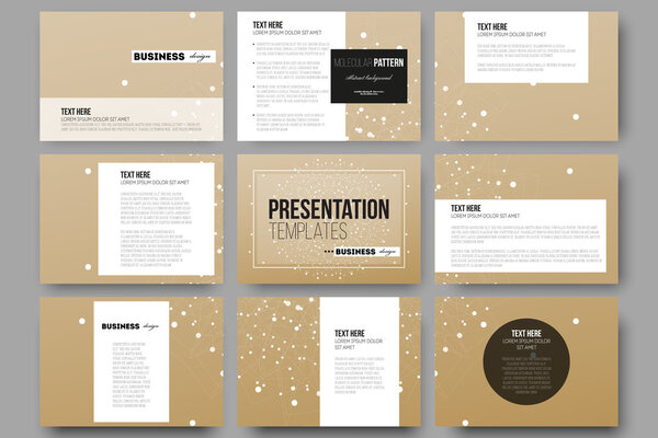 Set of 9 templates for presentation slides. Abstract polygonal low poly backdrop with connecting dots and lines, golden background, connection structure. Digital or science vector