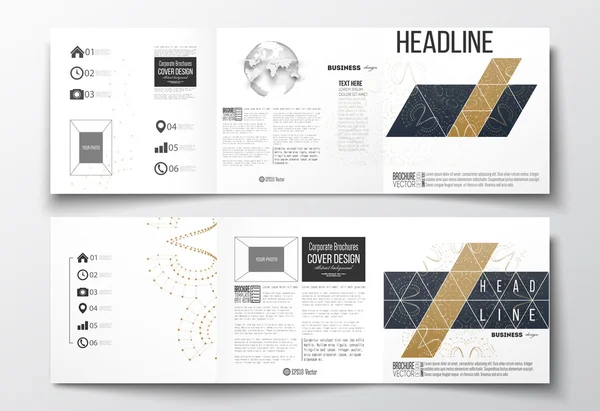 Set di opuscoli tripli, modelli di design quadrato. Astratto fondale poligonale basso poli con punti di collegamento e linee, struttura di collegamento. Vettore digitale o scientifico — Vettoriale Stock