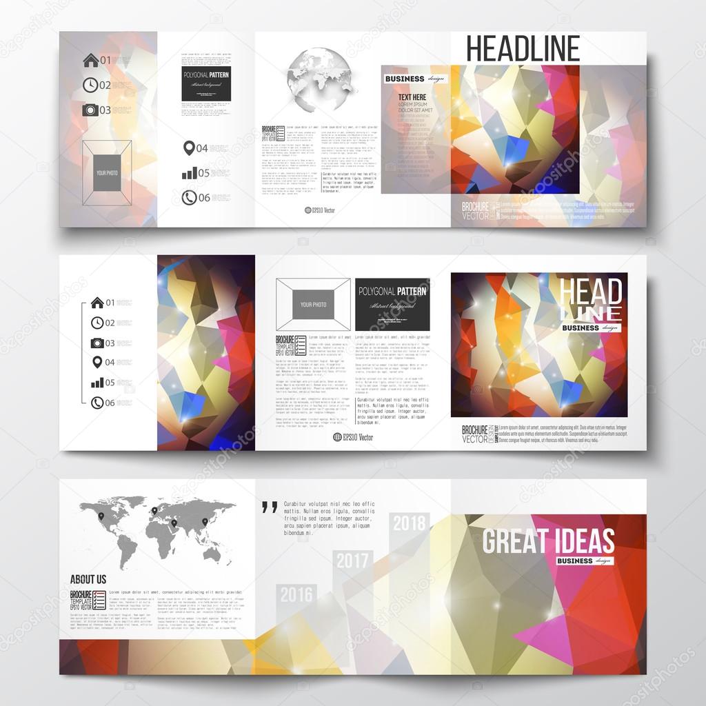 Set of tri-fold brochures, square design templates. Abstract colorful polygonal background, modern stylish triangle vector texture