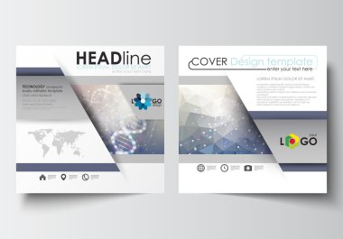 İş şablonları square için tasarım broşür, dergi, broşür, kitapçık. Broşür kapak, düz düzen, kolay düzenlenebilir. Mavi arka plan üzerinde DNA molekül yapısı. Bilimsel araştırma, tıbbi teknoloji.