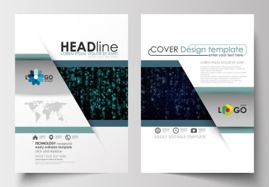 Broşür, dergi, el ilanı, kitapçık için şablonlar. Kapak tasarım şablonu, kolay düzenlenebilir vektör, A4 boyutunda düz düzen. Sanal gerçeklik, ekranda parlayan renk kodu akışları, teknoloji arka plan.