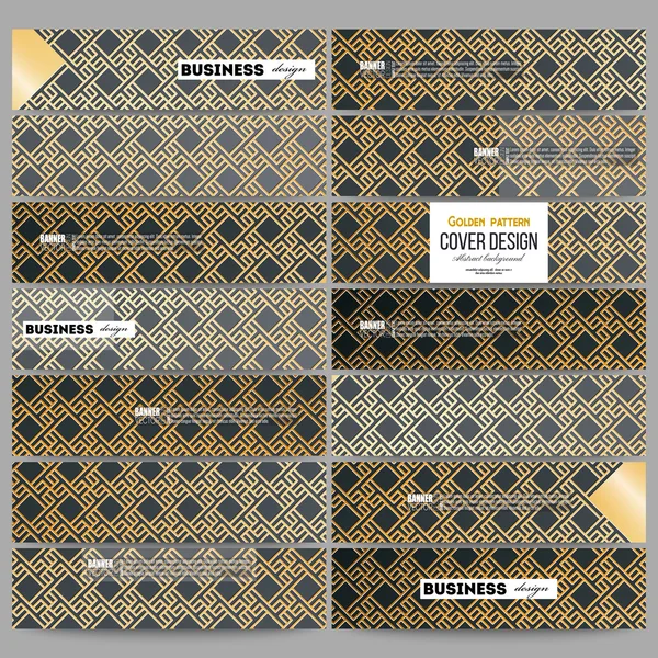 Conjunto de banderas modernas. Patrón de oro islámico con formas cuadradas geométricas superpuestas que forman adornos abstractos. Vector elegante textura dorada sobre fondo negro . — Archivo Imágenes Vectoriales
