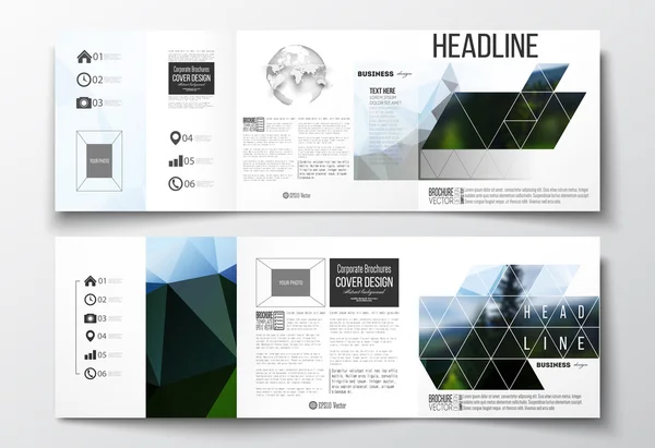 Vektor uppsättning Tri-fold broschyrer, kvadratiska mallar design. Färgglada månghörnigt bakgrund, suddig natur bakgrund, modern snygg triangel konsistens. — Stock vektor