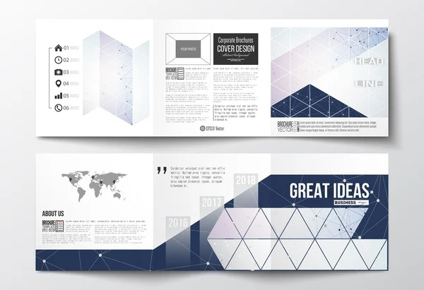 Gevouwen brochures, vierkante ontwerpsjablonen set. Veelhoekige laag poly achtergrond met het verbinden van de punten en lijnen, verbinding structuur, blauwe achtergrond. Digitale of wetenschap vector — Stockvector