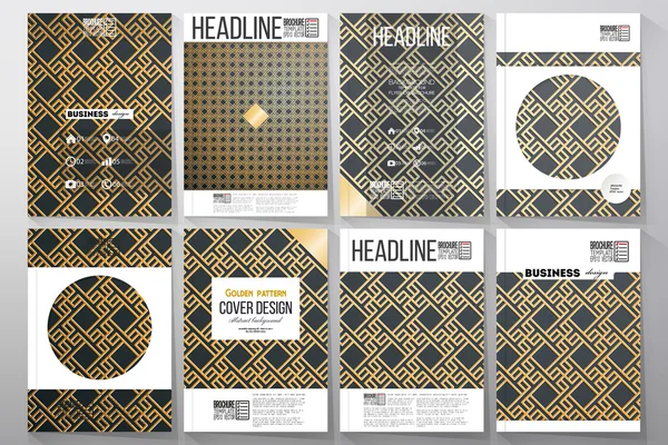 Set bedrijfssjablonen voor brochure, flyer of boekje. Islamitische gouden patroon met overlappende geometrische vierkante vormen vormen abstracte sieraad. Vector stijlvolle gouden textuur op zwarte achtergrond — Stockvector