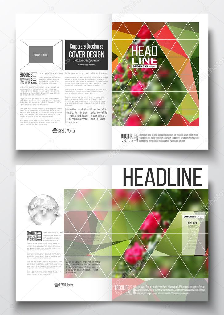 Set of business templates for brochure, magazine, flyer, booklet or annual report. Colorful polygonal floral background, blurred image, red flowers on green, modern triangular texture